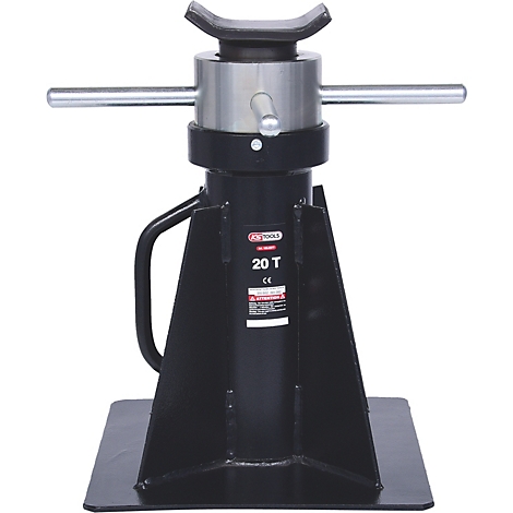 Schwarze, robuste 20T-Hebebühne. Metallkonstruktion, gekennzeichnet mit KS TOOLS. Inklusive Griff und Auflage.